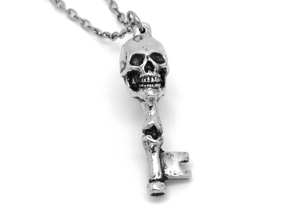 Skull and Bones Skeleton Key Necklace, Gothic Death Head Pendant