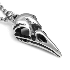 May include: A silver pendant necklace featuring a detailed crow skull design. The pendant is made of metal and has a textured finish.