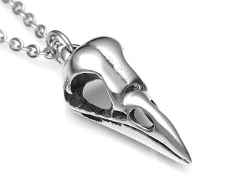 Small Metal Crow Skull Necklace, Bird Pendant Jewelry