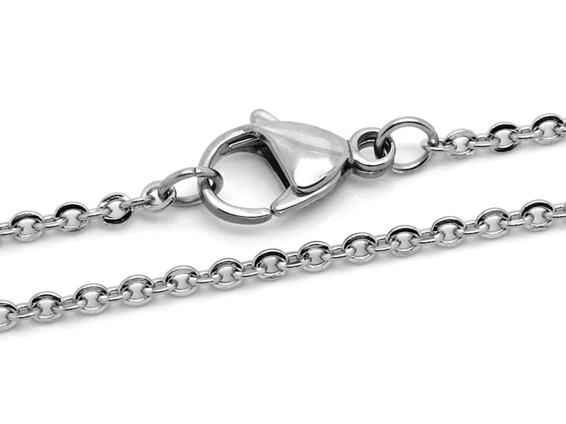 May include: A close-up of a silver-colored necklace chain with a lobster clasp. The chain is made of small, round links. The clasp is a shiny, polished metal. The necklace is displayed against a white background.