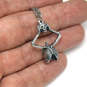 Skeleton Holding Skull Pendant Necklace, Handmade Jewelry in Pewter image 5