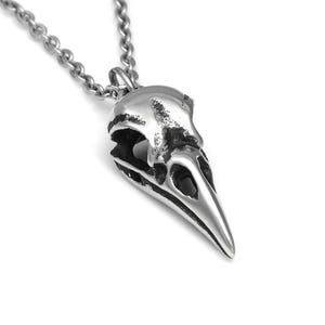 May include: A silver pendant necklace featuring a detailed, realistic crow skull design. The pendant is attached to a silver chain.