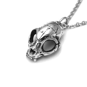 May include: A silver skull pendant necklace with a detailed, textured design. The pendant is attached to a silver chain.