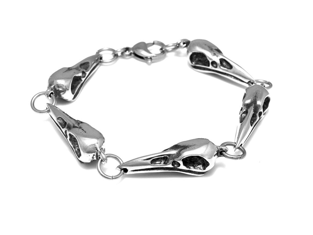 Handmade Bird Skull Link Bracelet in Pewter, Raven Crow Chain Jewelry