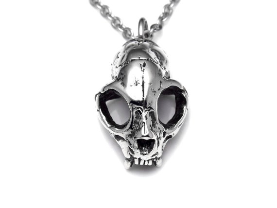 Cat Skull Necklace, Handmade Goth Pendant, Kitty Lover Gift, Veterinarian Jewelry