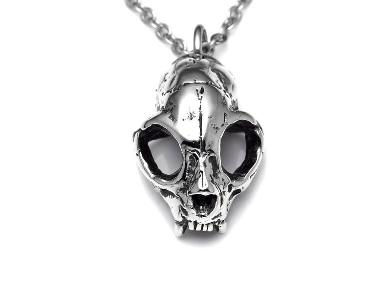 May include: A silver necklace with a detailed cat skull pendant. The pendant is made of metal and has a realistic design.