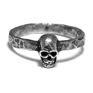 Small Skull Ring, Antiqued Little Cranium with Hammered Band, Memento Mori Jewelry, Blackened Handmade Pewter