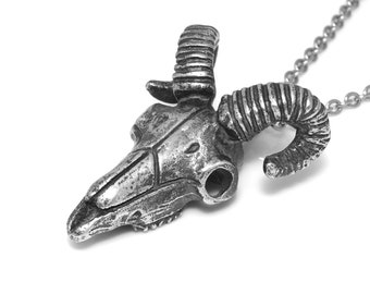 Antiqued Ram Skull Necklace, Sheep Head Pendant, Aries Charm Jewelry