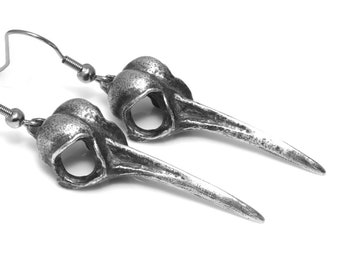 Dangling Hummingbird Skull Earrings with Antique Finish, Bird Jewelry