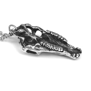 May include: Silver pendant necklace featuring a detailed skull of a dolphin or porpoise. The pendant is attached to a silver chain.