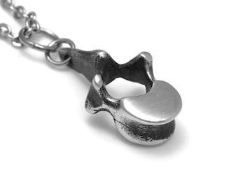 Small Vertebra Pendant Necklace, Anatomical Vertebrae Charm in Pewter