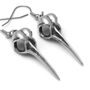 Hand Carved Hummingbird Skull Earrings in Pewter, Dangling Bird Heads