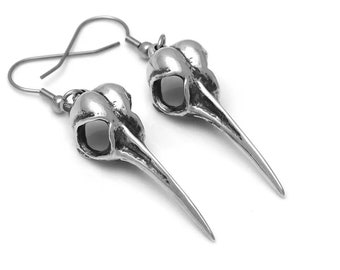 Hand Carved Hummingbird Skull Earrings in Pewter, Dangling Bird Heads