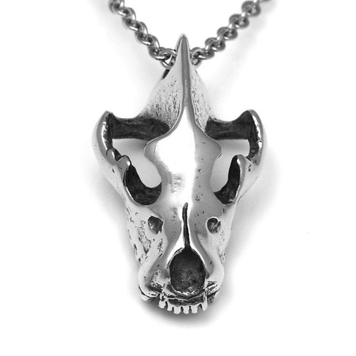 Hyena Skull Necklace, Carnivore Animal Head Pendant Jewelry in Pewter