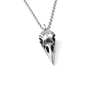 May include: A silver pendant necklace featuring a detailed bird skull design.