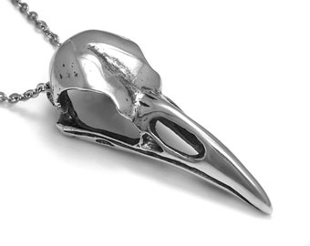 2" Raven Bird Skull Necklace, Hand Cast Animal Head Pendant in Pewter, Goth Jewelry