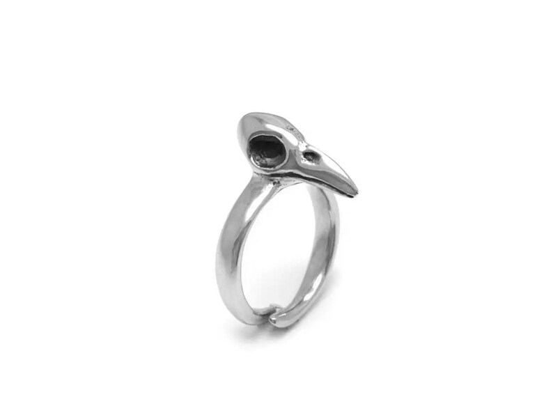 May include: A silver-colored ring featuring a bird skull design. The ring has a smooth, polished finish and a curved band that wraps around the finger. The skull has detailed eye sockets and a pointed beak, creating a unique and gothic aesthetic.