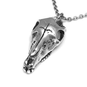 May include: A silver pendant necklace featuring a detailed skull of a small animal, possibly a rodent or a fox.