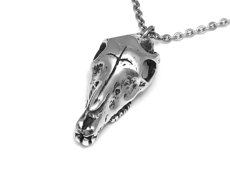 May include: A silver pendant necklace featuring a detailed skull of a small animal, possibly a rodent or a fox.
