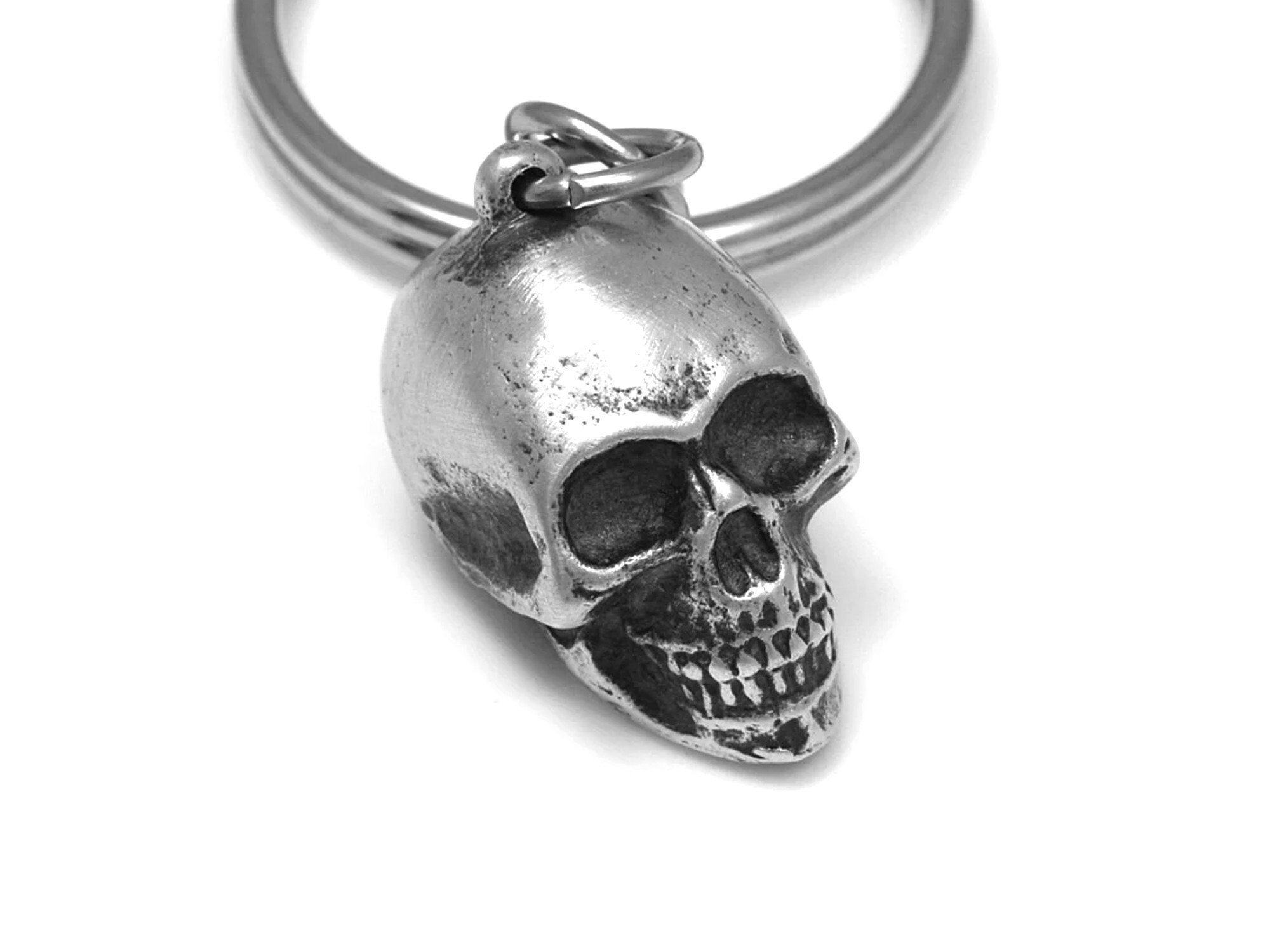 Human Skull Keychain, Handmade Metal Cranium Charm in Pewter