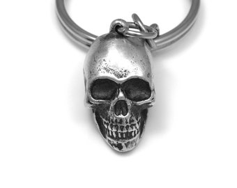 Human Skull Keychain, Handmade Metal Cranium Charm in Pewter