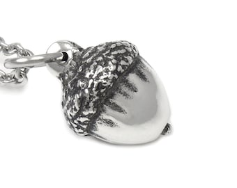 Small Acorn Necklace in Pewter, Oak Seed Pendant Jewelry, Cupule Charm