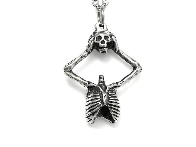 Skeleton Holding Skull Pendant Necklace, Handmade Jewelry in Pewter image 1