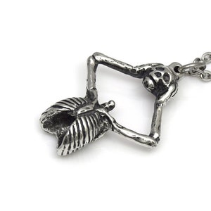 Skeleton Holding Skull Pendant Necklace, Handmade Jewelry in Pewter image 2