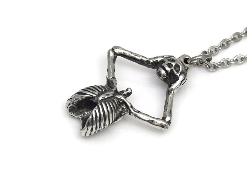 Skeleton Holding Skull Pendant Necklace, Handmade Jewelry in Pewter image 2