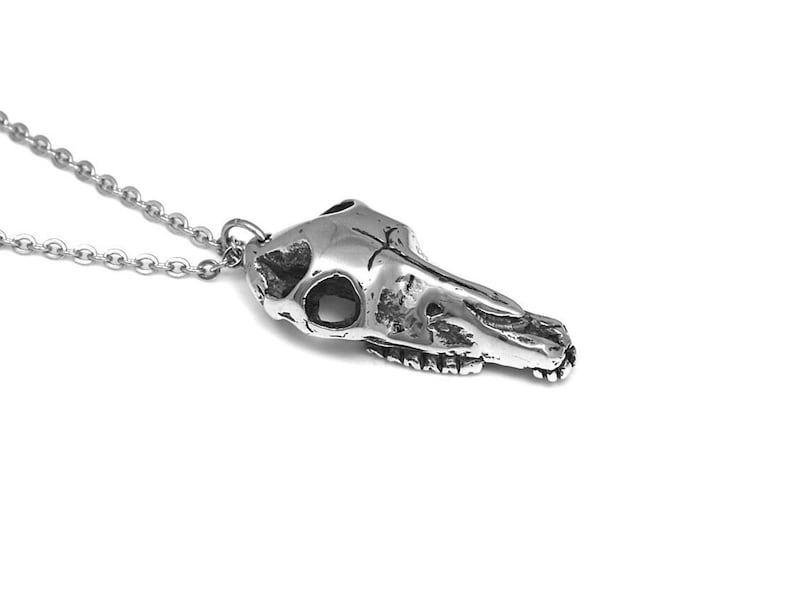 May include: A silver necklace with a detailed skull pendant. The skull is of a horse or other animal with a long snout.