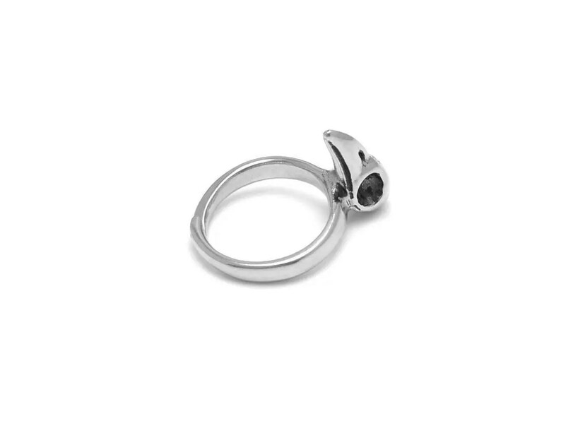 May include: A silver-toned ring with a bird skull design. The ring features a rounded band and a detailed skull at the top, with a dark, possibly black, stone set in the eye socket. The ring is set against a white background.