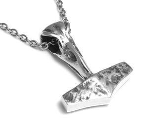 Mjolnir Thor's Hammer Necklace, With Hugin or Munin Raven Skull