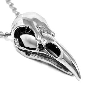 May include: A silver bird skull pendant necklace. The pendant is detailed and realistic, with a hollow eye socket and beak.