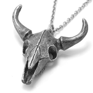 May include: A silver bull skull pendant necklace. The pendant is detailed and realistic, with a textured surface and visible bone structure. The chain is silver and has a simple design.