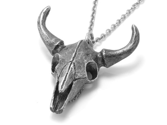 Antiqued Bull Skull Necklace, Blackened Taurus Pendant, Handmade Animal Jewelry