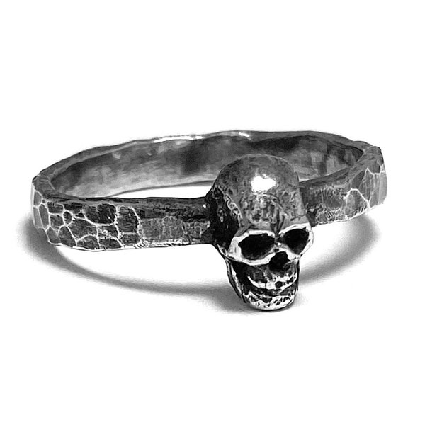 Small Skull Ring, Antiqued Little Cranium with Hammered Band, Memento Mori Jewelry, Blackened Handmade Pewter