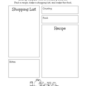 May include: A black and white recipe template titled "Recipe Spotlight." It includes sections for a shopping list, country, food, recipe, and notes. The bottom features a line drawing of various kitchen items.