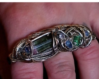 Large terminated pink capped green tourmaline crystal 4x tanzanite and princess cut mint green tourm 3finger ring knuckles 14k gold sterling
