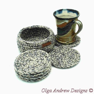 Coaster crochet set of 4, 6, 8, 10 with holder, crochet coasters with holder, men coasters, coaster set for office or home, coffee coasters, tea coasters, drink coasters, thick coasters, soft coasters, table coasters, OlgaAndrewBoutique