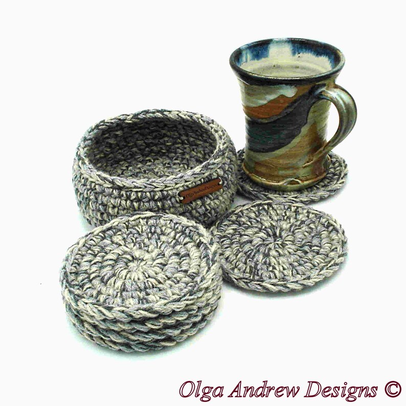 Coaster crochet set of 4, 6, 8, 10 with holder, crochet coasters with holder, men coasters, coaster set for office or home, coffee coasters, tea coasters, drink coasters, thick coasters, soft coasters, table coasters, OlgaAndrewBoutique