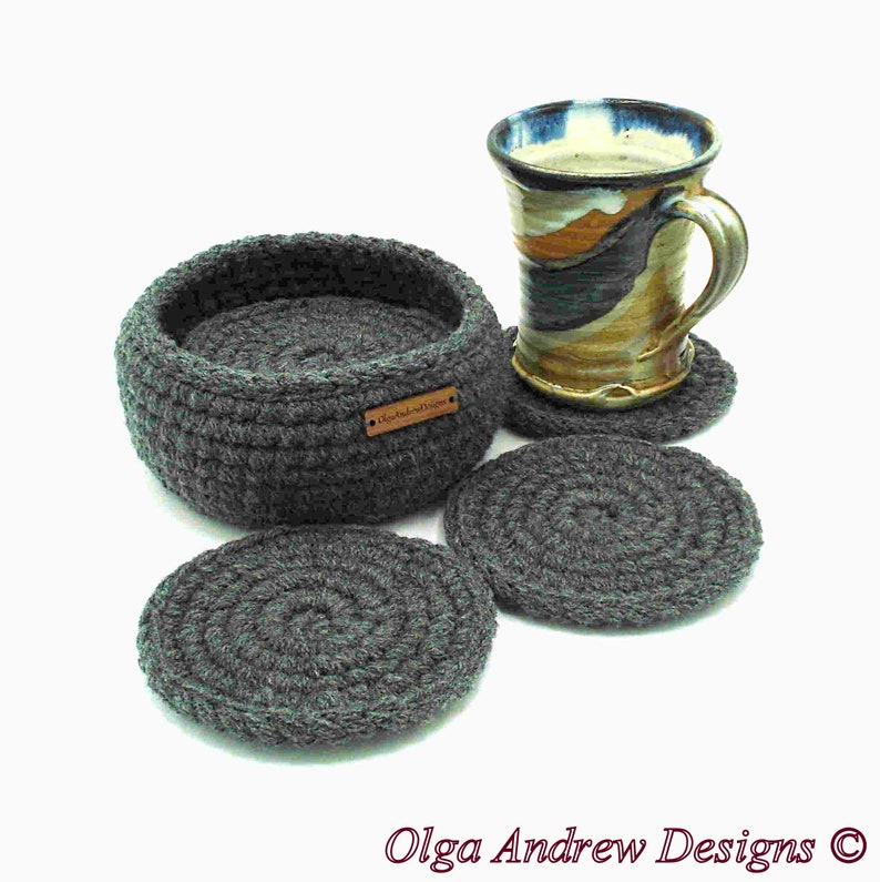 Crochet coaster set of 4, 6, 8, 10 with holder, coaster set for home or office, coasters with holder, coffee coasters, coaster set with holder, drink coasters, men coasters, tea coasters, soft coasters, table coasters, OlgaAndrewBoutique