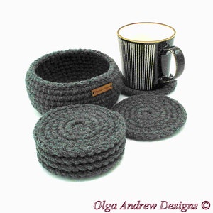 Crochet coaster set of 4, 6, 8, 10 with holder, coaster set for home or office, coasters with holder, coffee coasters, coaster set with holder, drink coasters, men coasters, tea coasters, soft coasters, table coasters, OlgaAndrewBoutique