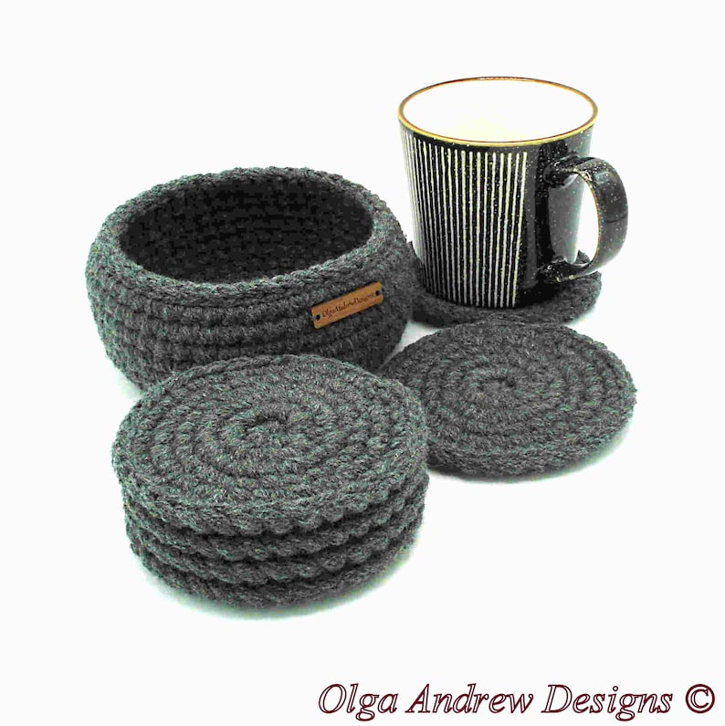 Crochet coaster set of 4, 6, 8, 10 with holder, coaster set for home or office, coasters with holder, coffee coasters, coaster set with holder, drink coasters, men coasters, tea coasters, soft coasters, table coasters, OlgaAndrewBoutique