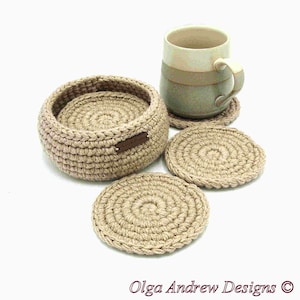 Coaster crochet set of 4, 6, 8, 10 with holder, crochet coasters with holder, men coasters, coaster set for office or home, coffee coasters, tea coasters, drink coasters, thick coasters, soft coasters, table coasters, OlgaAndrewBoutique