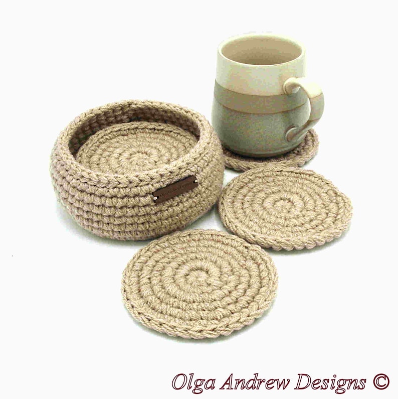 Coaster crochet set of 4, 6, 8, 10 with holder, crochet coasters with holder, men coasters, coaster set for office or home, coffee coasters, tea coasters, drink coasters, thick coasters, soft coasters, table coasters, OlgaAndrewBoutique
