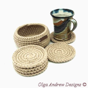 Coaster crochet set of 4, 6, 8, 10 with holder, crochet coasters with holder, men coasters, coaster set for office or home, coffee coasters, tea coasters, drink coasters, thick coasters, soft coasters, table coasters, OlgaAndrewBoutique