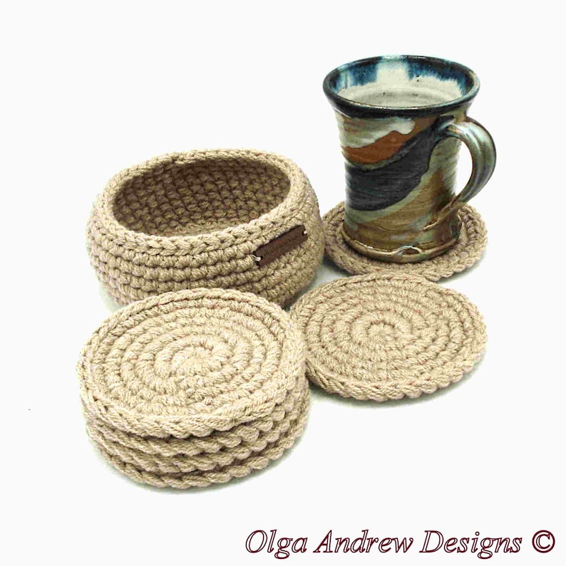 Coaster crochet set of 4, 6, 8, 10 with holder, crochet coasters with holder, men coasters, coaster set for office or home, coffee coasters, tea coasters, drink coasters, thick coasters, soft coasters, table coasters, OlgaAndrewBoutique