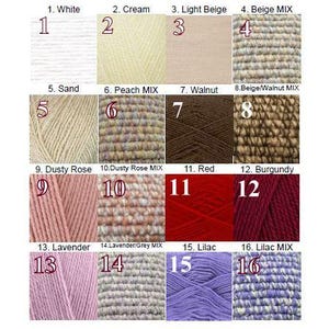 May include: A color chart featuring sixteen yarn samples. Colors include white, cream, light beige, beige mix, sand, peach mix, walnut, beige/walnut mix, dusty rose, dusty rose mix, red, burgundy, lavender, lavender/grey mix, lilac, and lilac mix.