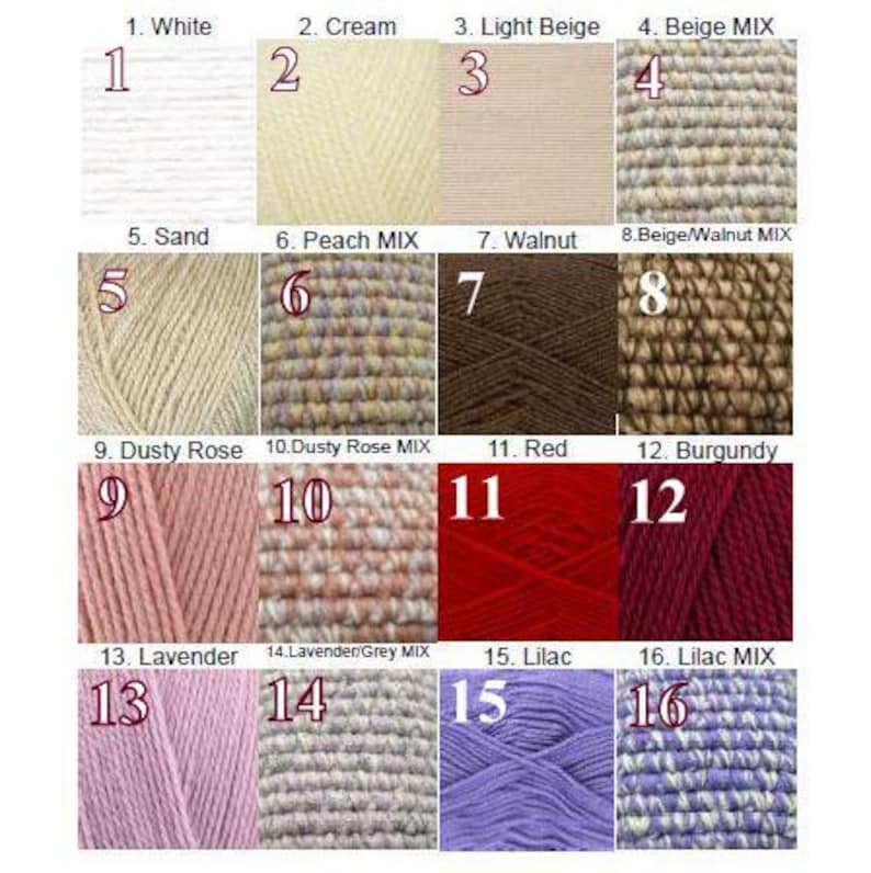May include: A color chart featuring sixteen yarn samples. Colors include white, cream, light beige, beige mix, sand, peach mix, walnut, beige/walnut mix, dusty rose, dusty rose mix, red, burgundy, lavender, lavender/grey mix, lilac, and lilac mix.