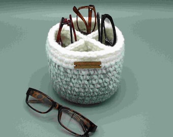 Multiple pair glasses holder stand, medium cross-divided eyeglass organizer, bedside phone & glasses storage